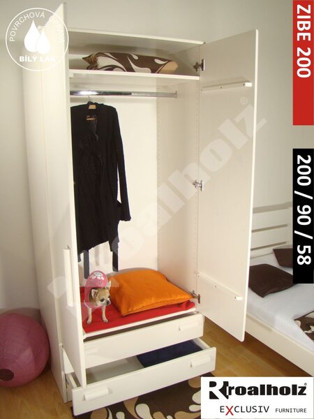Bílá šatní skříň z masivu ZIBE 200x90x58 (bílá vysoká šatní skříň z masivu ZIBE 200)