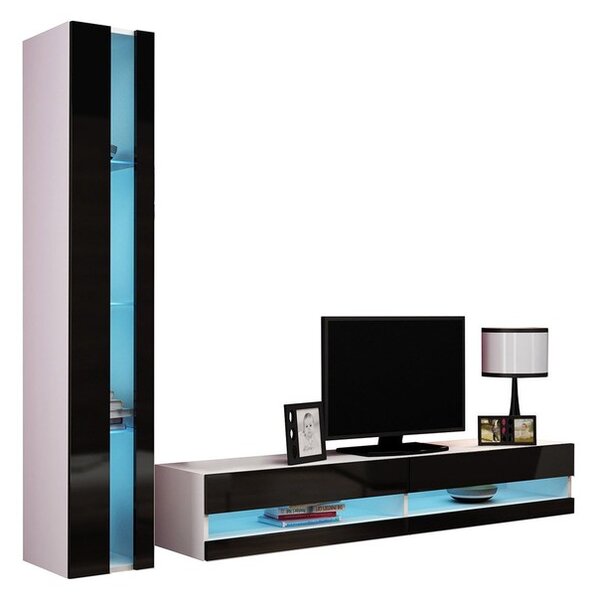 Obývací stěna Zigo New VIII, Osvětlení: osvětlení LED - bílé, Barva: černý / černý lesk 5902928694864