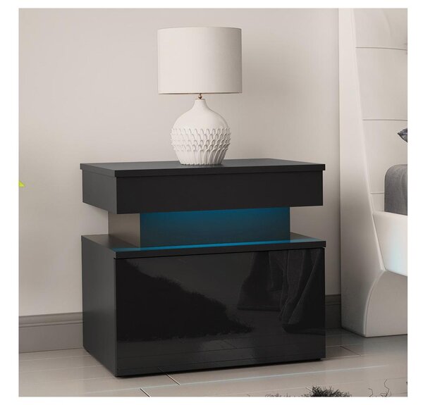Noční stolek s LED osvětlením GLOSSA 55x51 cm černá/lesklá černá