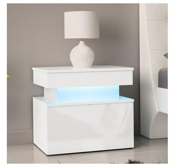 Noční stolek s LED osvětlením GLOSSA 55x51 cm bílá/lesklá bílá