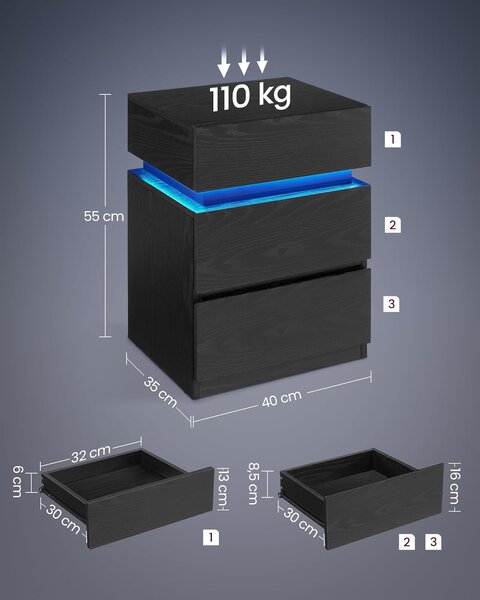 SONGMICS Noční stolek Vasagle s LED osvětlením Defro černý