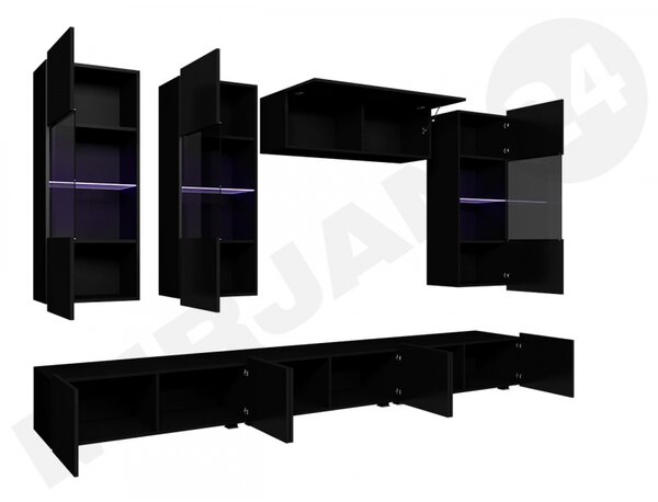 Obývací stěna Bralani XI, Barva: černá / černá lesk, Osvětlení: osvětlení LED - bílé 5902928148930