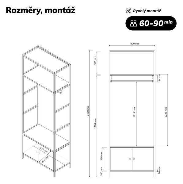 Kancelářský regál otevřený s tyčí na oblečení, do recepce a čekárny, kovový, antracitový, 800x2200x400 mm: ARIEL