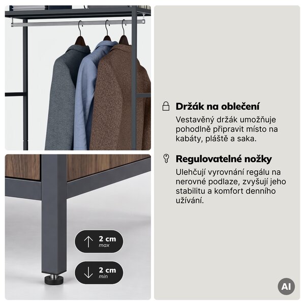 Kancelářský regál otevřený s tyčí na oblečení, do recepce a čekárny, kovový, antracitový/ořech, 800x2200x400 mm: ARIEL Eco Design