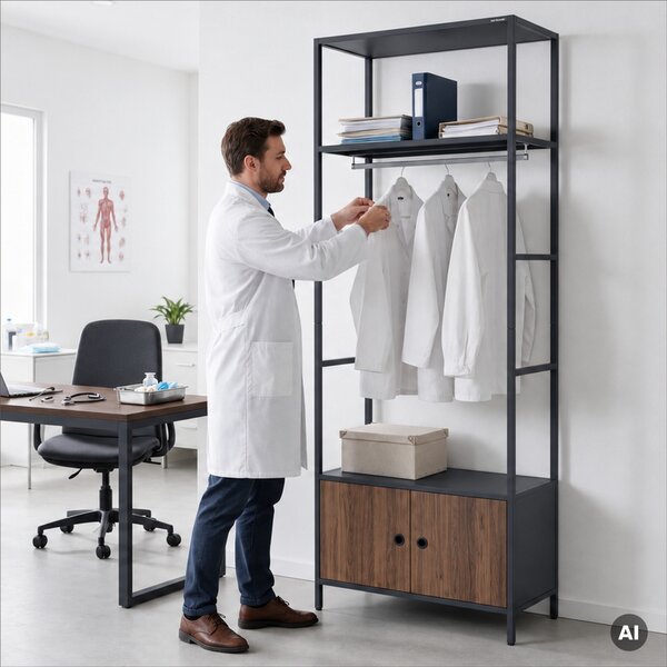 Kancelářský regál otevřený s tyčí na oblečení, do recepce a čekárny, kovový, antracitový/ořech, 800x2200x400 mm: ARIEL Eco Design