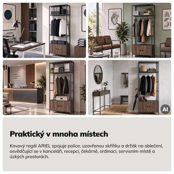 Kancelářský regál otevřený s tyčí na oblečení, do recepce a čekárny, kovový, antracitový/ořech, 800x2200x400 mm: ARIEL Eco Design