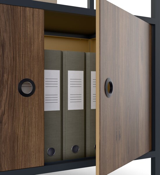Kancelářský regál otevřený s tyčí na oblečení, do recepce a čekárny, kovový, antracitový/ořech, 800x2200x400 mm: ARIEL Eco Design