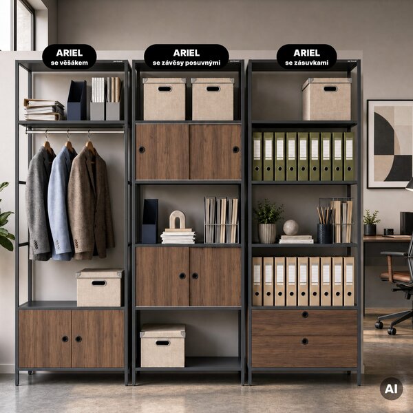 Kancelářský regál otevřený s tyčí na oblečení, do recepce a čekárny, kovový, antracitový/ořech, 800x2200x400 mm: ARIEL Eco Design