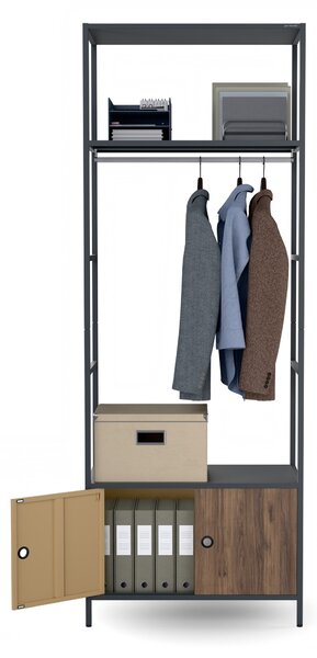 Kancelářský regál otevřený s tyčí na oblečení, do recepce a čekárny, kovový, antracitový/ořech, 800x2200x400 mm: ARIEL Eco Design