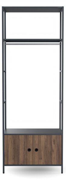 Kancelářský regál otevřený s tyčí na oblečení, do recepce a čekárny, kovový, antracitový/ořech, 800x2200x400 mm: ARIEL Eco Design