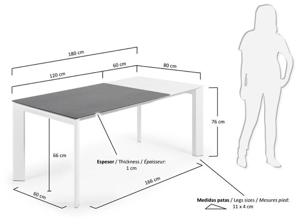 Bílý porcelánový rozkládací jídelní stůl Kave Home Axis 120/180 x 80 cm