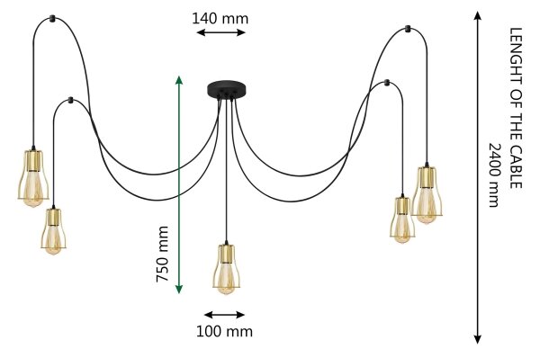 Lustr na lanku TUBE LONG 5xE27/15W/230V černá/zlatá