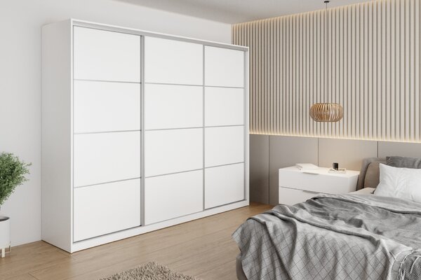 Česká šatní skříň NEJBY BARNABA 250 cm s posuvnými dveřmi, 4 šuplíky a 2 šatními tyčemi, bílá