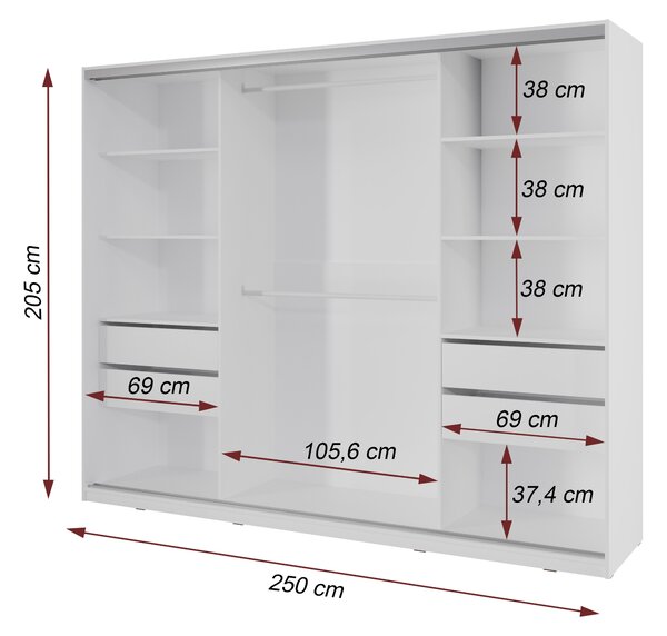 Česká šatní skříň NEJBY BARNABA 250 cm s posuvnými dveřmi, 4 šuplíky a 2 šatními tyčemi, bílá