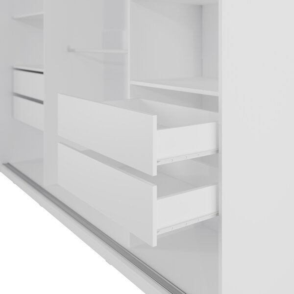 Česká šatní skříň NEJBY BARNABA 250 cm s posuvnými dveřmi, 4 šuplíky a 2 šatními tyčemi, bílá
