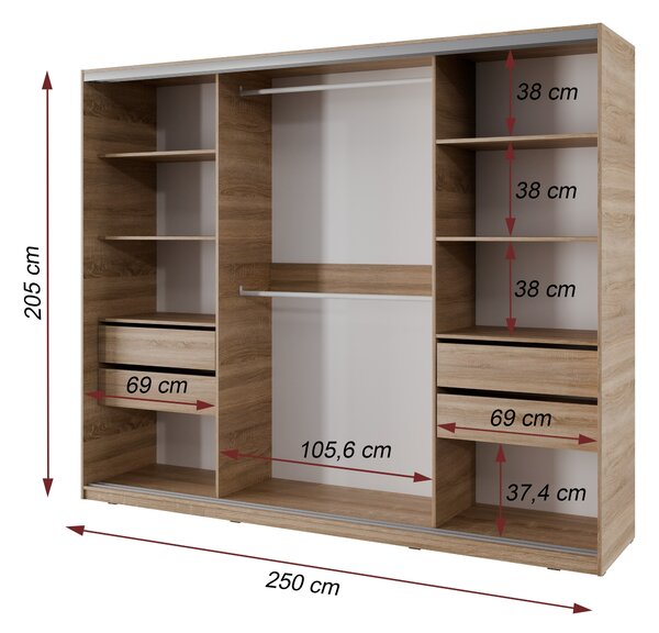 Česká šatní skříň NEJBY BARNABA 250 cm s posuvnými dveřmi, 4 šuplíky a 2 šatními tyčemi, dub sonoma
