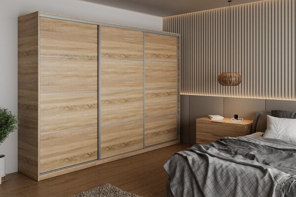 Česká šatní skříň NEJBY BARNABA 280 cm s posuvnými dveřmi, 4 šuplíky, 2 šatními tyčemi, dub sonoma