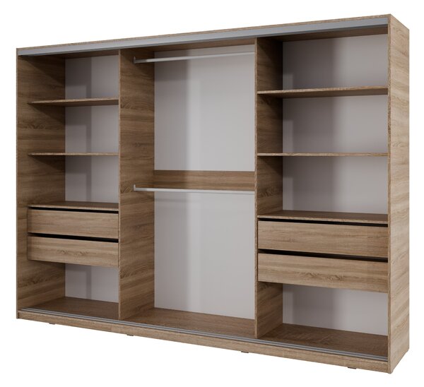Česká šatní skříň NEJBY BARNABA 280 cm s posuvnými dveřmi, 4 šuplíky, 2 šatními tyčemi, dub sonoma