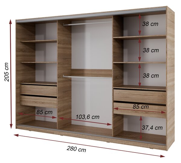 Česká šatní skříň NEJBY BARNABA 280 cm s posuvnými dveřmi, 4 šuplíky, 2 šatními tyčemi, dub sonoma