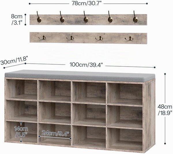 Předsíňový věšák s botníkem a sedákem Vasagle Jungo 100 cm hnědý/šedý