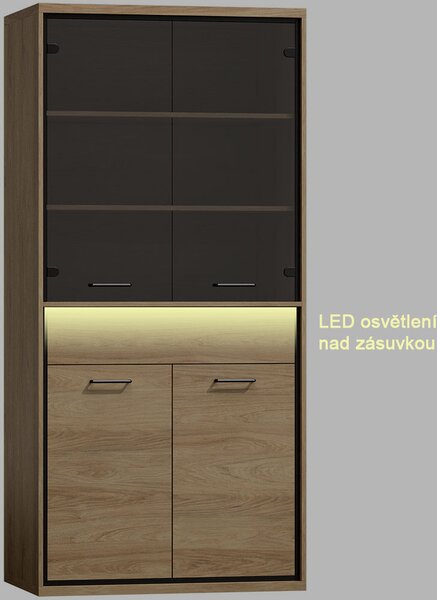 MEDIOLAN | vitrína M3 s policemi a zásuvkou + KOVOVÉ NOŽIČKY | 92,2 cm | natural hikora