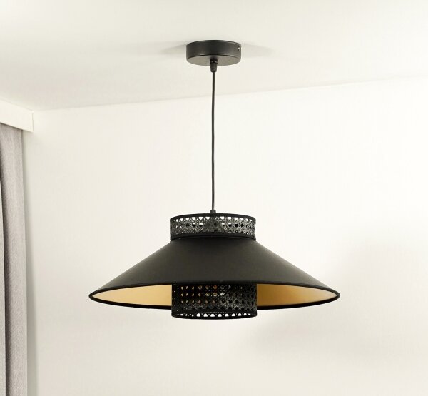 Duolla - Lustr na lanku RIO RATTAN 1xE27/15W/230V pr. 45 cm černá/zlatá