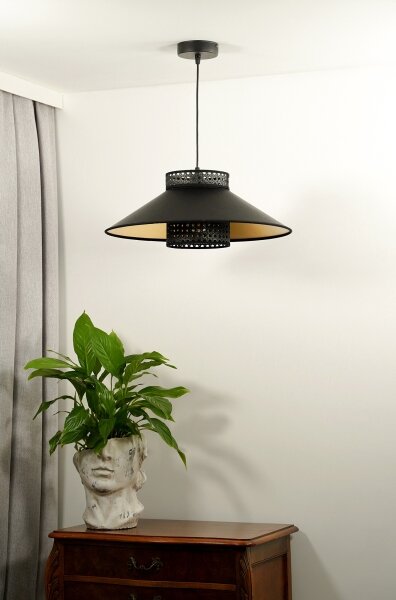 Duolla - Lustr na lanku RIO RATTAN 1xE27/15W/230V pr. 45 cm černá/zlatá