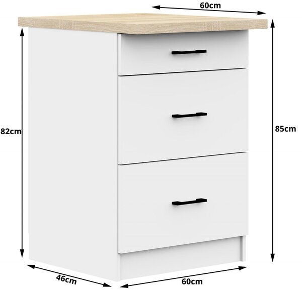 Kuchyňská skříňka OLIVIA, 3 zásuvky – 60 cm | Bílá / Dub Sonoma