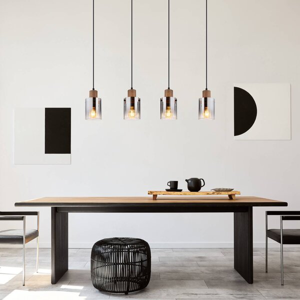 Globo Závěsné světlo Underwood, délka 105 cm, hnědá/kouřově šedá, MDF, stmívatelný, Hliník / šedá / zinek, Obývací pokoj / jídelna, Sklo