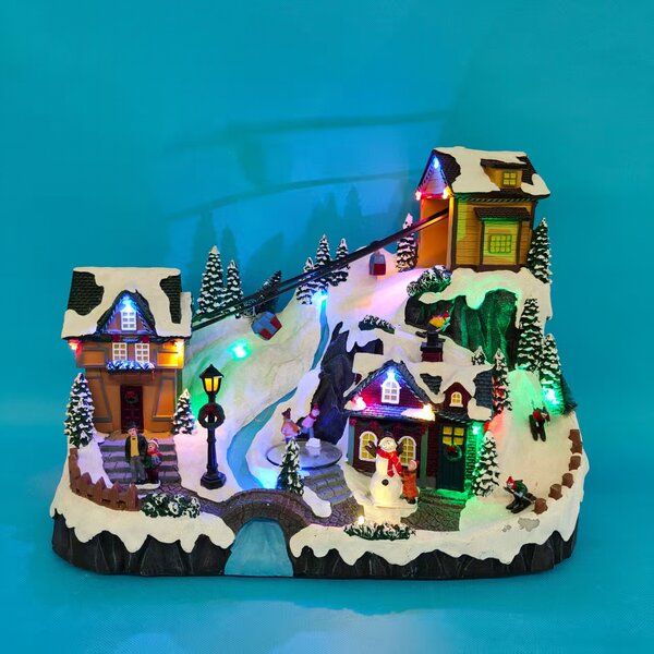 Vánoční vesnička s osvětlením a melodií – lanovka BestBerg BBXS-982 / 42 x 25 x 31,5 cm / polyresin