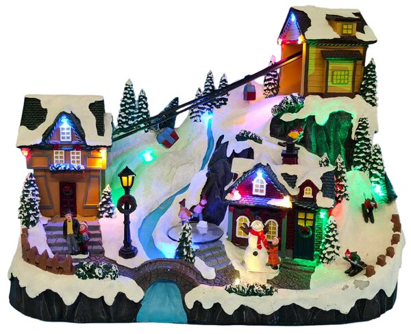 Vánoční vesnička s osvětlením a melodií – lanovka BestBerg BBXS-982 / 42 x 25 x 31,5 cm / polyresin