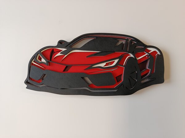 Z rodinné dílny Svítící dřevěná dekorace na zeď – Sportovní auto (fosforeskující, 3D efekt)
