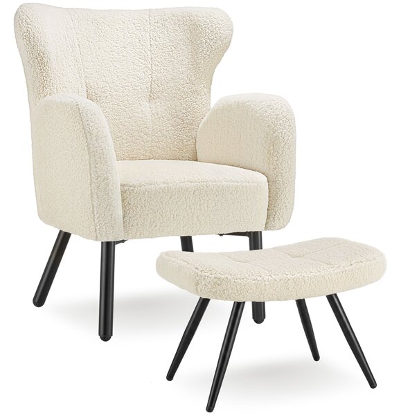 Tectake Křeslo s podnožkou Vänersborg Bouclé, silně čalouněné - Bouclé krémová/černá