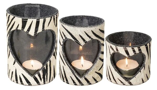 Svícen se srdcem zdobený kůží se vzorem Zebra - 11,5*11,5*16cm - Mars & More