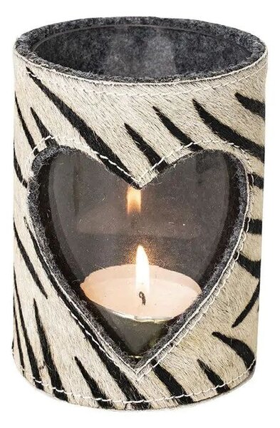 Svícen se srdcem zdobený kůží se vzorem Zebra - 11,5*11,5*16cm - Mars & More