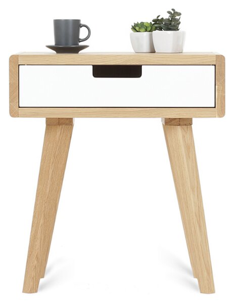 Zaoblený noční stolek ze dřeva LUNA FLO bílý Zvolte kvalitu dřeva: 2. Kombinace dubového masivu a dýhované DTD desky