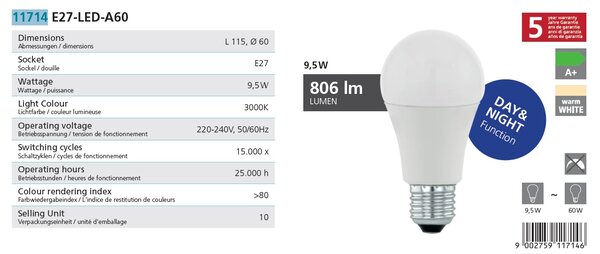 Eglo 11714 - LED žárovka E27 do prostor s potřebou celonočního automatického svícení (Automatická noční LED žárovka )