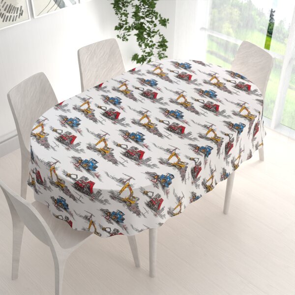 Biante Dětský bavlněný oválný ubrus Sandra SA-578 Náklaďáky a bagry na bílém 50x100 cm