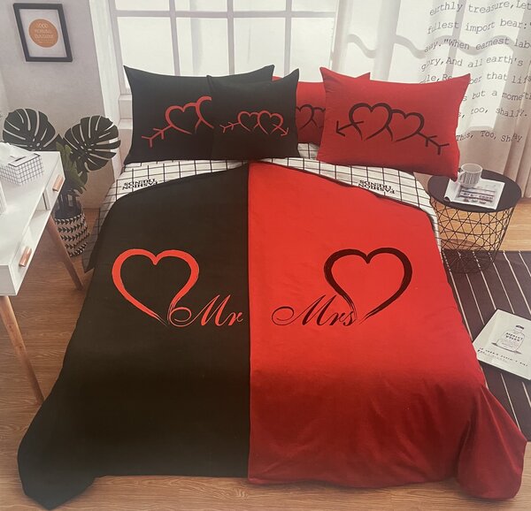 6 dílné Povlečení polycotton Mr & Mrs red 200x140cm + 90x70 cm