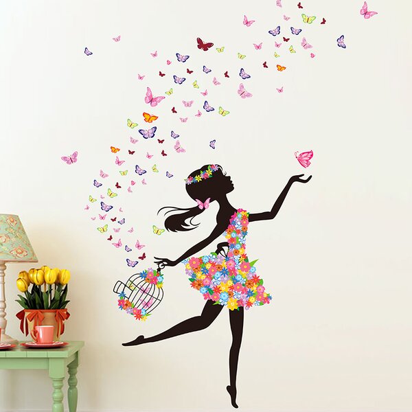 Samolepka na zeď "Dívka s motýly s klecí" 130x170 cm