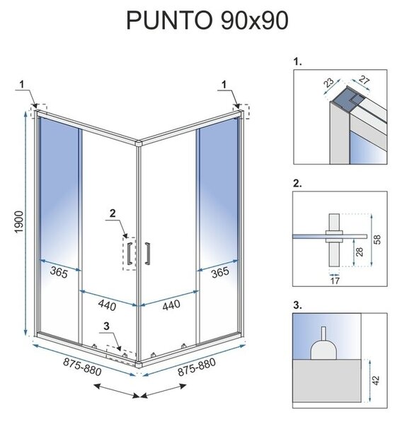 Rea Punto, sprchový kout s posuvnými dveřmi 90(dveře) x 90(dveře) x 190 cm, 5mm čiré sklo, černý profil + bílá sprchová vanička Savoy, KPL-K1014