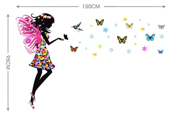 Samolepka na zeď "Víla s motýly a kolibříkem" 95x150 cm