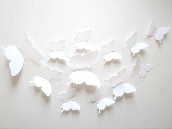 Samolepka na zeď "Plastové 3D Motýli - Bílé" 12ks 5-10 cm