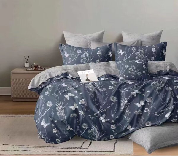 Luxusní bavlněné povlečení tmavě modré s květinovým motivem | Elegantní design, zip 140x200 cm