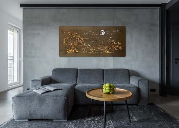 "Čtyři duby a měsíc" světelný obraz s baterií a pohybovým čidlem 130x60 cm provedení povrchu: bříza