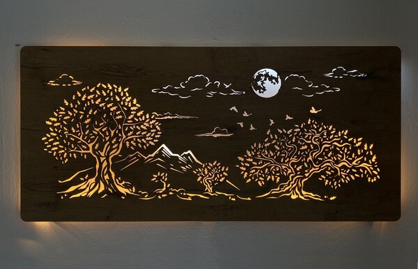 "Čtyři duby a měsíc" světelný obraz s baterií a pohybovým čidlem 130x60 cm provedení povrchu: bříza