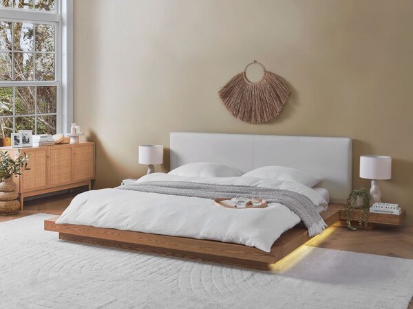LED postel Umělá kůže ZEN 180 x 200 cm Přírodní jasan