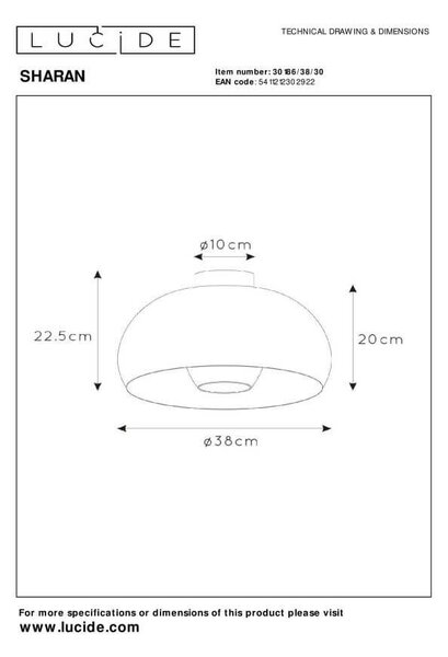 Lucide 30186/38/30 SHARAN přisazené stropní svítidlo D380mm | 1xE27 - černá, kouřové sklo