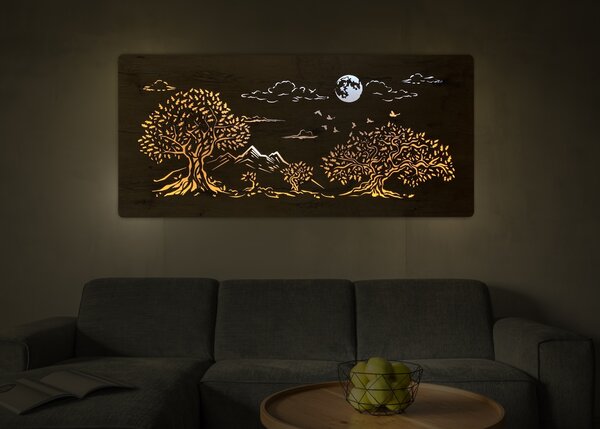 "Čtyři duby a měsíc" světelný obraz s baterií a pohybovým čidlem 130x60 cm provedení povrchu: bříza