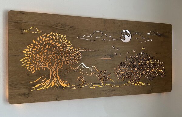 "Čtyři duby a měsíc" světelný obraz 230V 130x60cm provedení povrchu: bříza